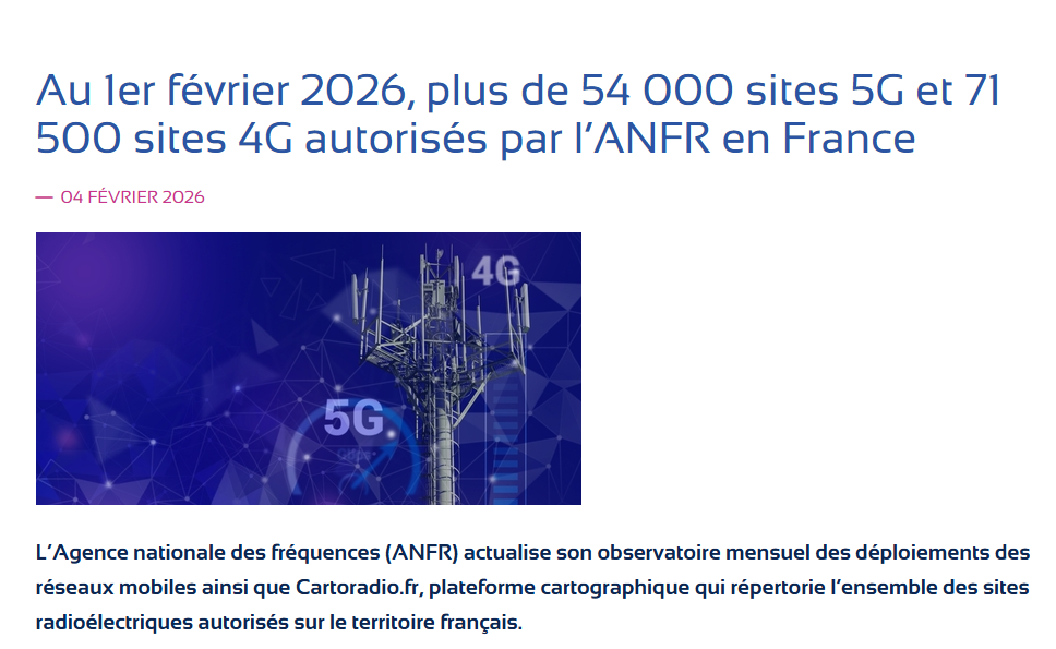 Sites 4G et 5G autorisés par l'ANFR au 1er Février 2026 
